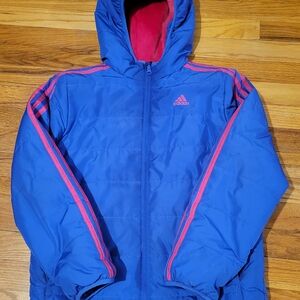 Girls Large Adidas Puffer Jacket with Pink Stripes